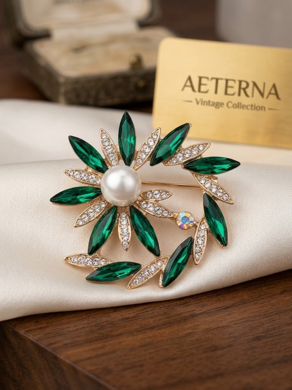 Vintage Emerald Green Rhinestone Faux Pearl Flower Wreath Brooch Gold Tone Pin